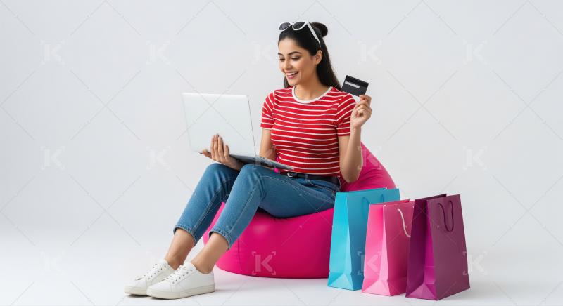 A young woman sits bean bag with a laptop and credit card, surro