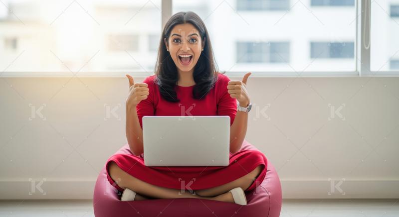 A woman in a red dress sits cross-legged on a bean bag with a la