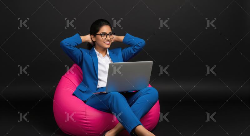 A professional woman in a blue suit relaxes on a pink bean bag w