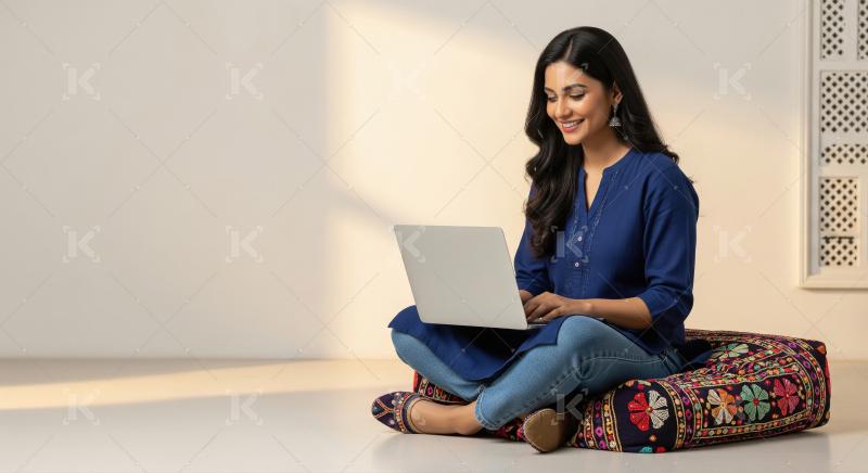 A young woman in a blue kurti and jeans works intently on a lapt