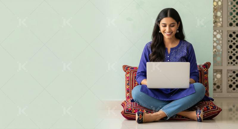 A young woman in a blue kurti and jeans works intently on a lapt