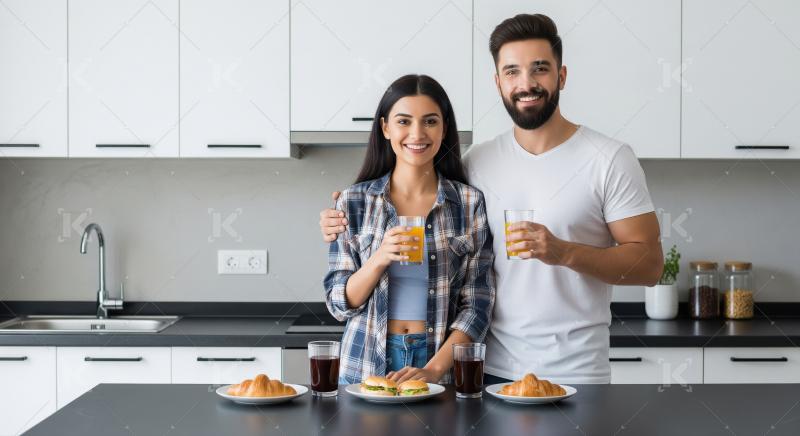 A young couple stands together in a modern kitchen, sharing a he