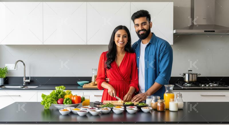 A couple stands in a modern kitchen preparing a healthy meal tog