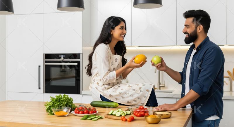 A couple enjoys healthy cooking together in a modern kitchen, pr