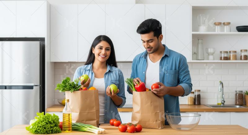 A young couple unpacks fresh groceries and healthy vegetables to