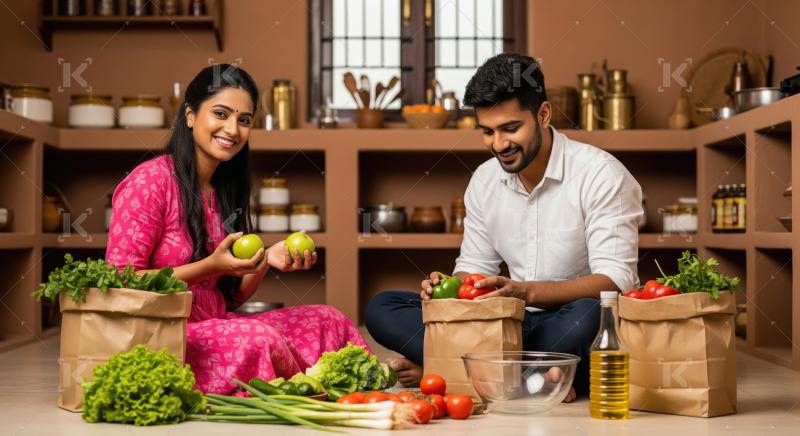 Indian couple in traditional attire unpacks fresh groceries and