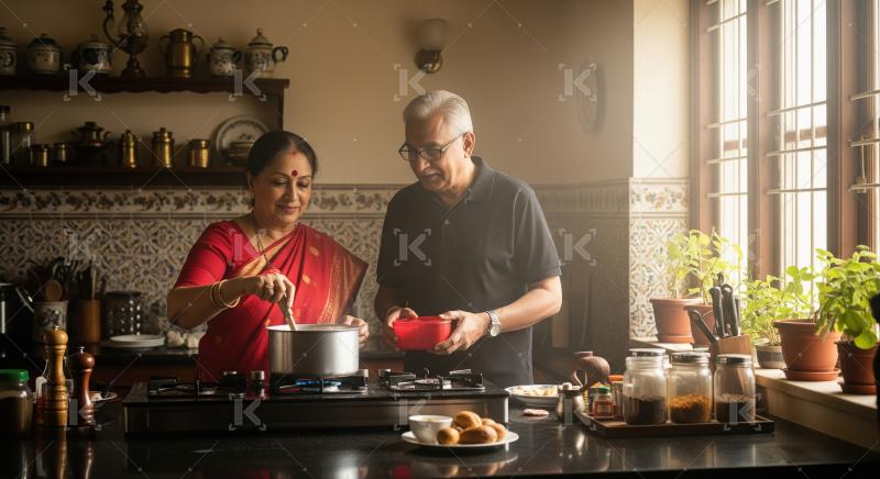 Elderly Indian couple joyfully cooks together in a sunlit kitche