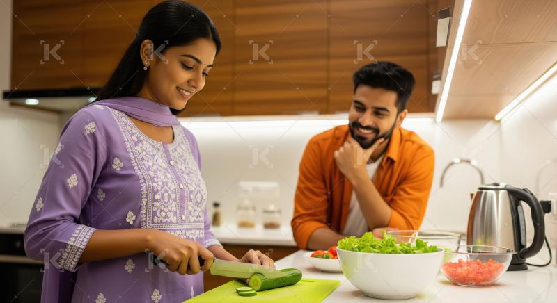 A woman chops cucumber for a fresh salad as her partner supports