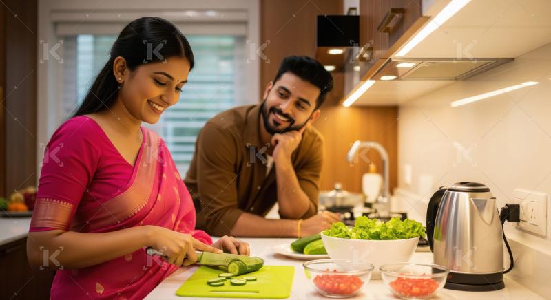 A woman chops cucumber for a fresh salad as her partner supports