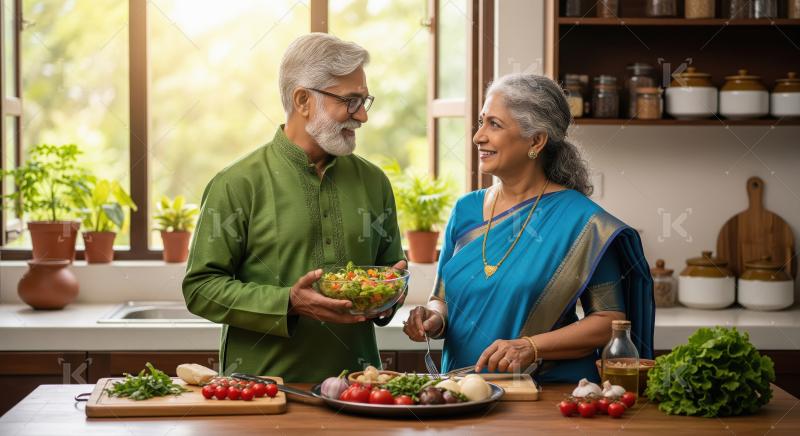 Elderly Indian couple in colorful attire prepares a fresh veggie