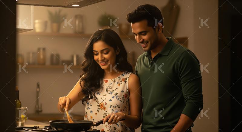 A loving couple prepares dinner together in a cozy modern kitche