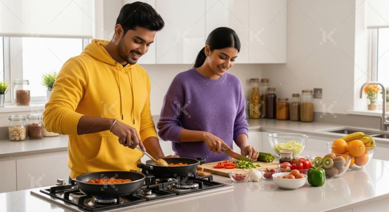 A couple prepares a healthy breakfast together in a sunny modern