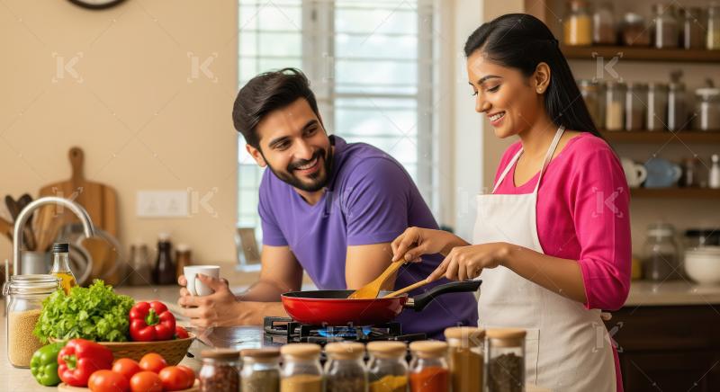 A woman in a pink apron stirs a pan while her partner in purple