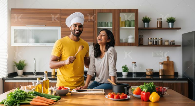 A cheerful couple, with one donning a chef’s hat, prepares fre