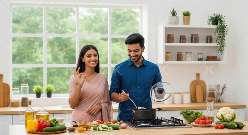 A cheerful couple prepares fresh vegetables for a healthy meal t