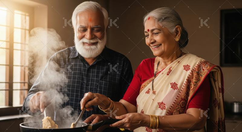 Elderly Indian couple joyfully cooks together in a sunlit kitche