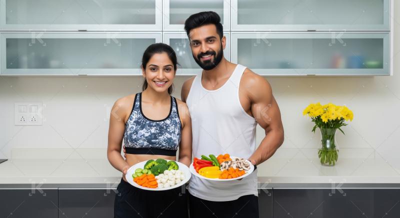 Young indian couple in sportswear standing in a modern kitchen h