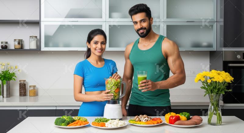 Young indian couple in sportswear standing in a modern kitchen h
