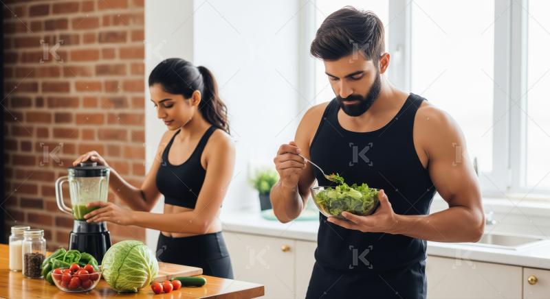 Young indian couple in sportswear standing in a modern kitchen h