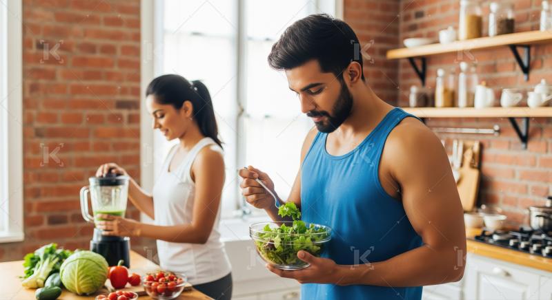 Young indian couple in sportswear standing in a modern kitchen h