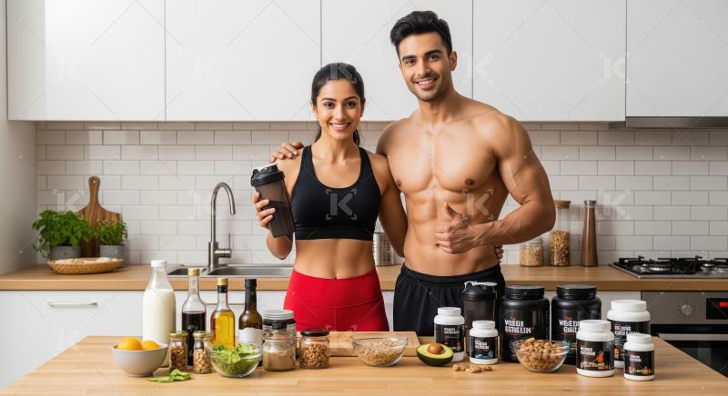 Young indian couple in sportswear standing in a modern kitchen h