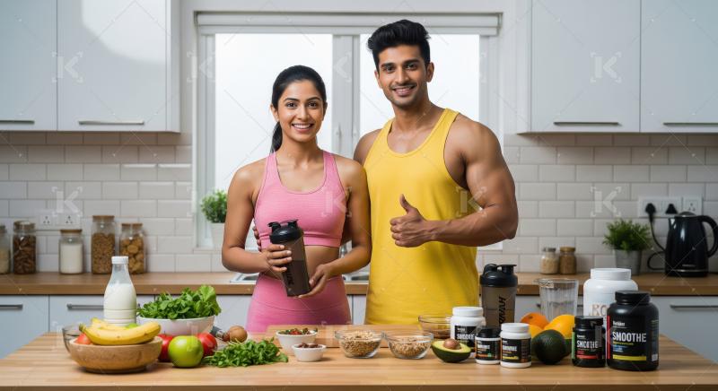 Young indian couple in sportswear standing in a modern kitchen h