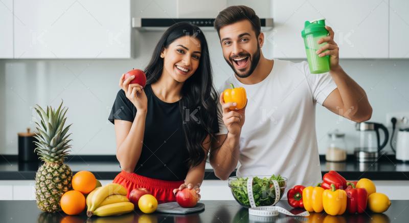 Young indian couple in sportswear standing in a modern kitchen h