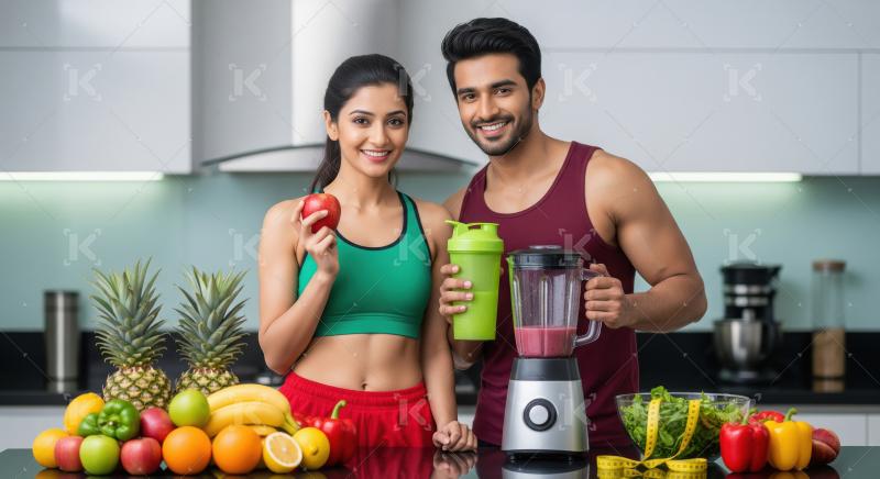 Young indian couple in sportswear standing in a modern kitchen h