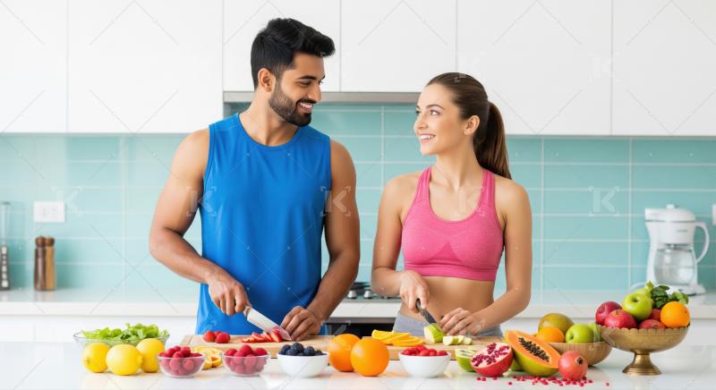Young indian couple in sportswear standing in a modern kitchen h