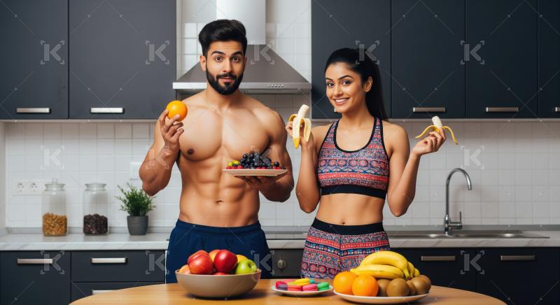 Young indian couple in sportswear standing in a modern kitchen h