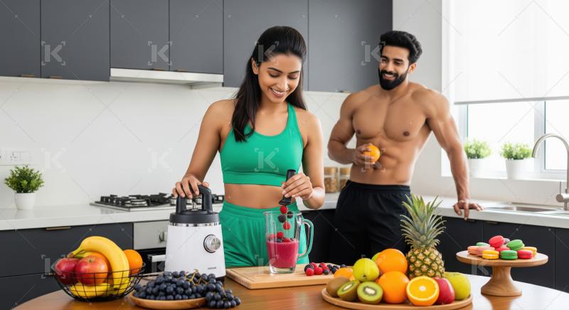Young indian couple in sportswear standing in a modern kitchen h