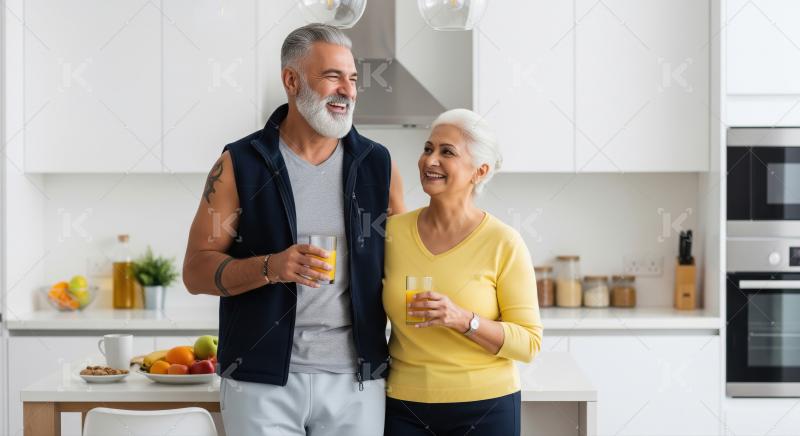 Indian older couple in workout attire happily prepares a fresh s