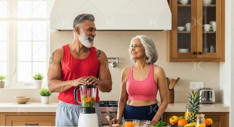 Indian older couple in workout attire happily prepares a fresh s
