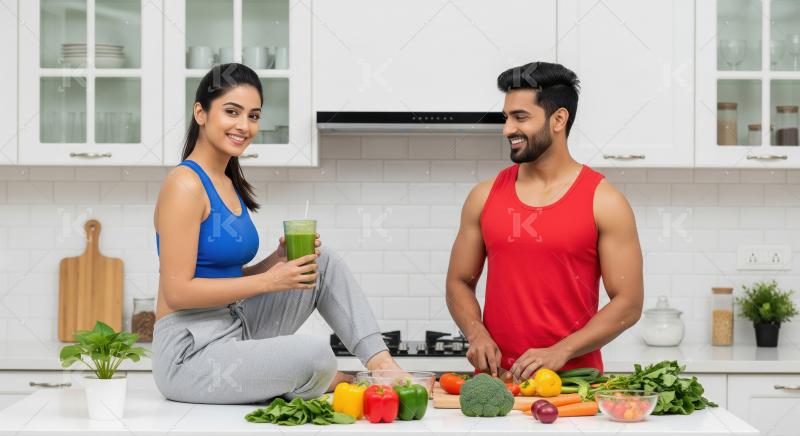 Young indian couple in sportswear standing in a modern kitchen h