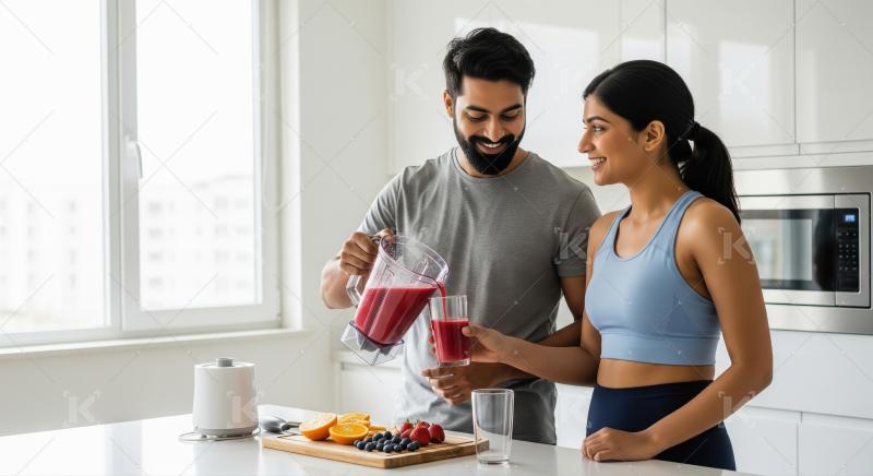 Young indian couple in sportswear standing in a modern kitchen h