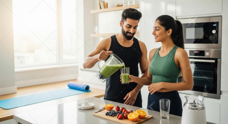 Young indian couple in sportswear standing in a modern kitchen h