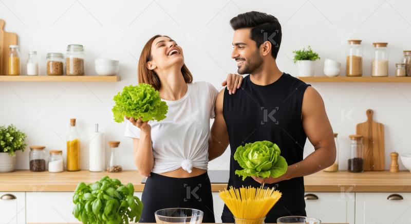 Young indian couple in sportswear standing in a modern kitchen h