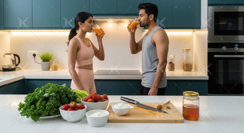 Young indian couple in sportswear standing in a modern kitchen h