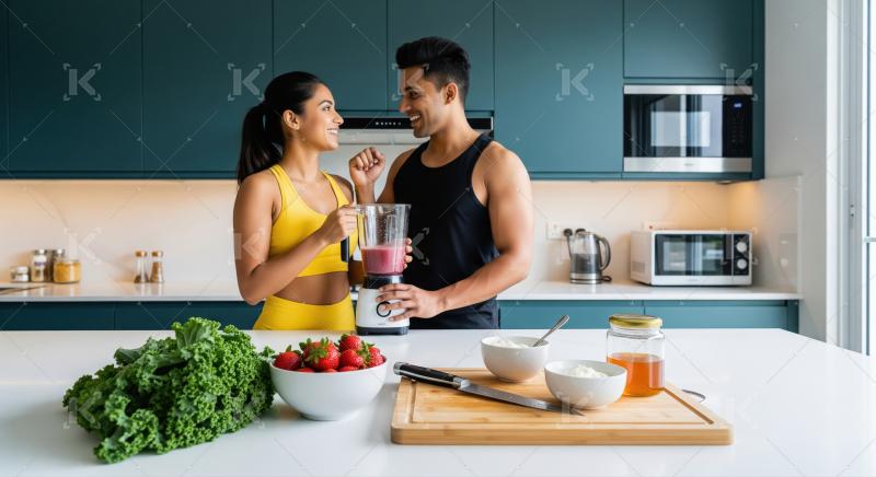 Young indian couple in sportswear standing in a modern kitchen h