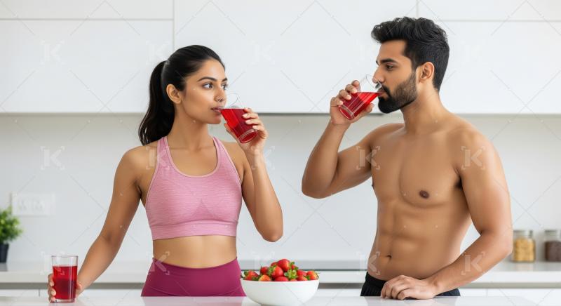 Young indian couple in sportswear standing in a modern kitchen h