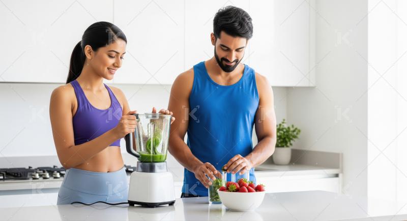 Young indian couple in sportswear standing in a modern kitchen h