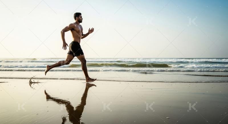 Young indian man running at sea beach