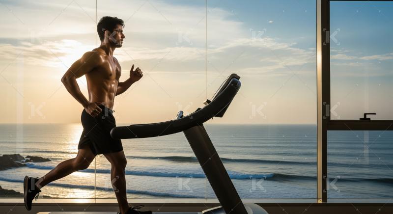 Young indian man running on treadmill at gym