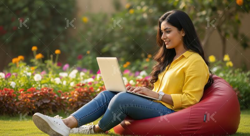 A woman in sweater sits on bean bag with a laptop, surrounded by