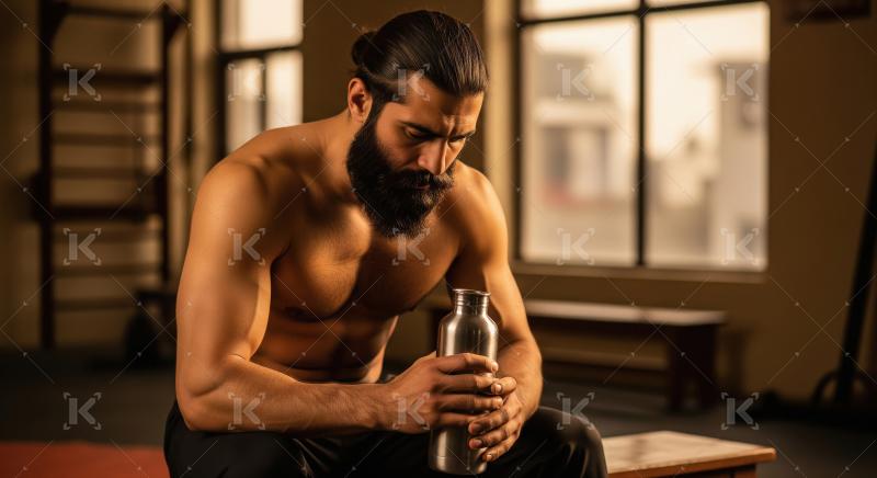 Young indian man holding water bottle in the gym