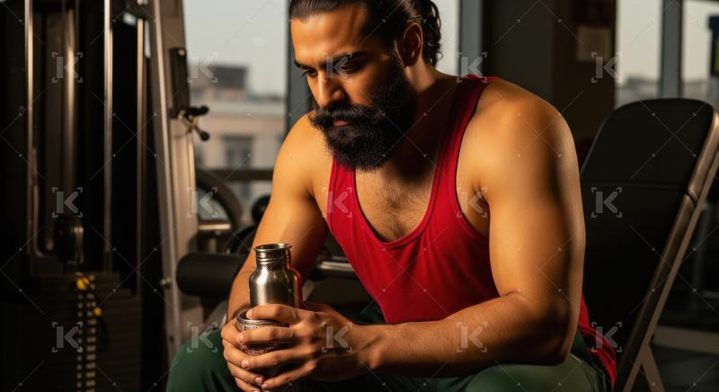 Young indian man holding water bottle in the gym