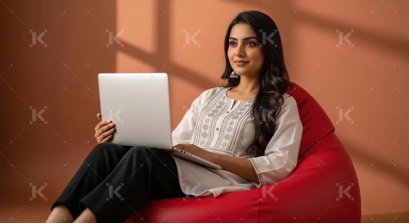 A woman sits comfortably on a red bean bag using a laptop