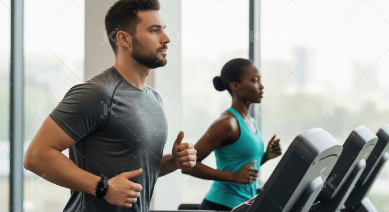 Young indian couple running on treadmill in the gym