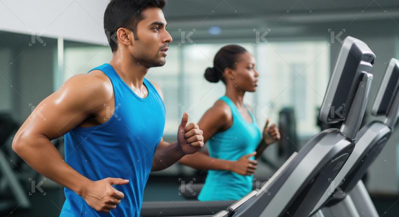 Young indian couple running on treadmill in the gym