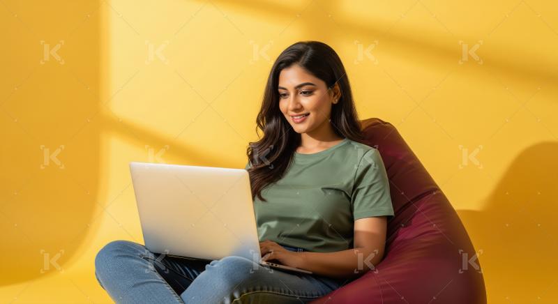 A woman sits comfortably on a red bean bag using a laptop